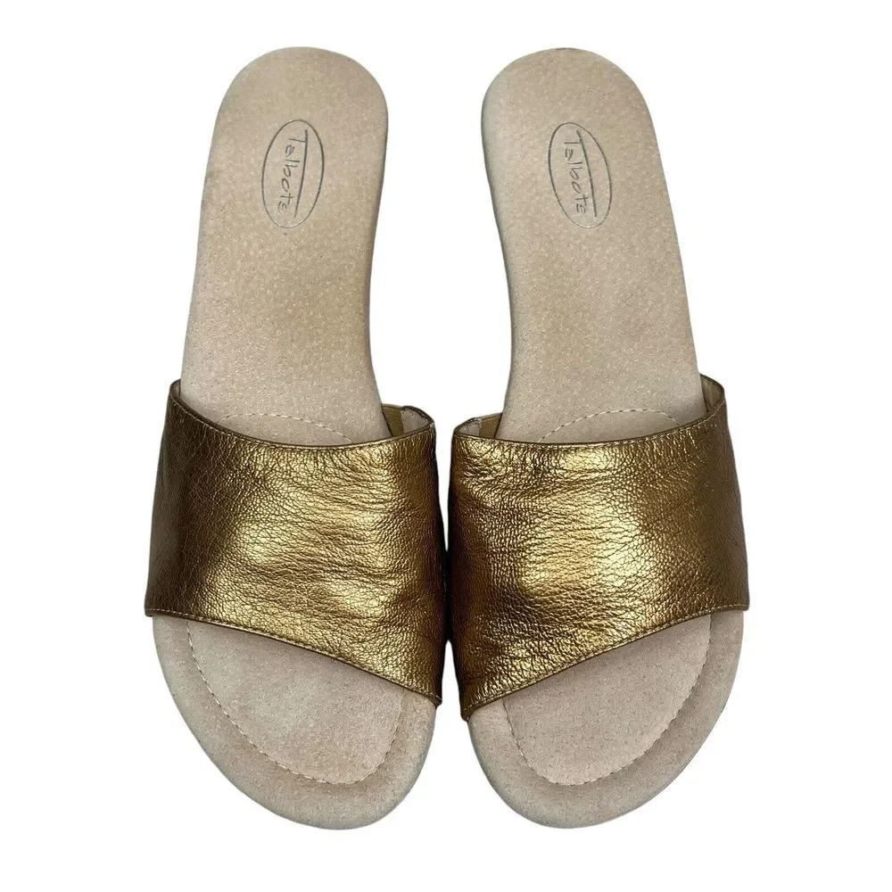 Talbots Womens Wedge Sandals Mule Leather Gold Bronze Cushioned Footbed Sz 8.5AA